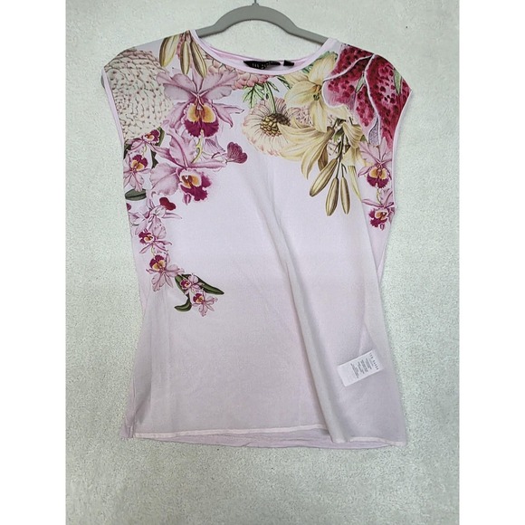 Ted Baker Blouse Womens 1 Pink Floral Cap Sleeve Jersey Top Portugal Lightweight - Picture 2 of 13